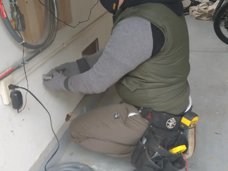 Electrician performing outlet wiring in a Shrewsbury garage